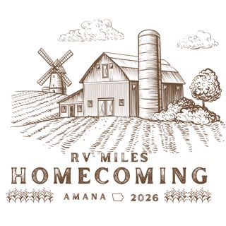 Illustration of a farm with a windmill, barn, silo, and cultivated fields, with the words 'RV Miles Homecoming Amana 2026'